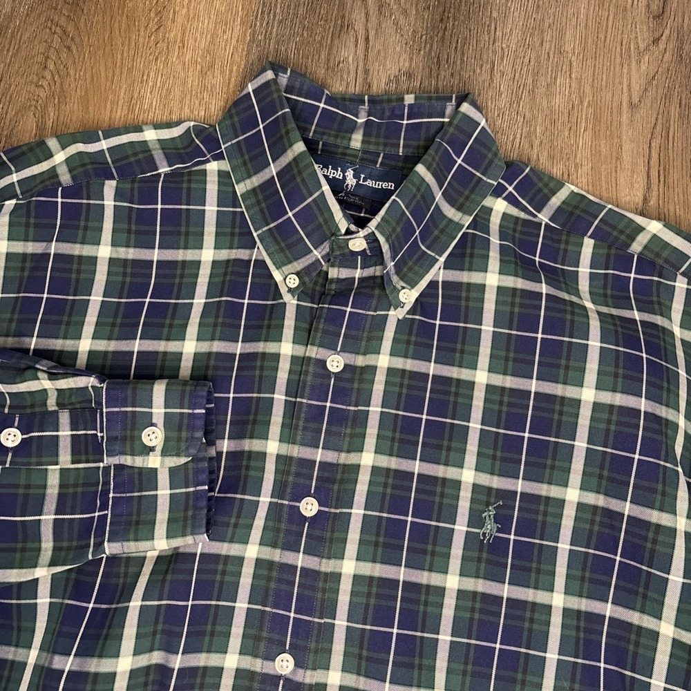Ralph Lauren Blake Button Down Shirt Mens Large Green Blue Plaid Long Sleeve